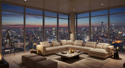 City View Apartment with Sofa at Dusk