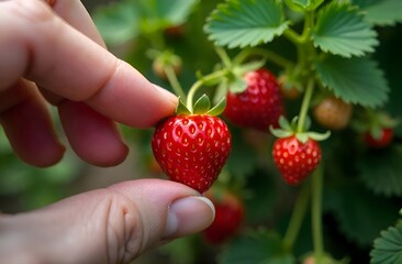 Obraz premium Gardening and agriculture concept. Female farm worker hand harvesting red fresh ripe organic strawberry in garden. Vegan vegetarian home grown food production. Woman picking strawberries in field.