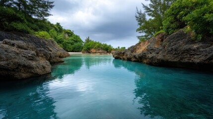 Tranquil Turquoise Lagoon Surrounded by Rocky Shoreline and Lush Greenery