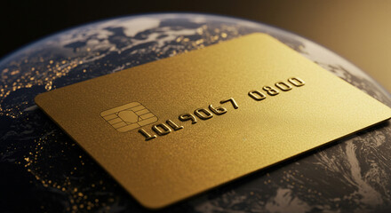 Golden contactless payment card chip over planet earth night view. Global financial business international transaction and worldwide digital online connectivity technology concept.