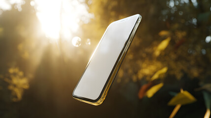 Smartphone Amidst Golden Light: A sleek smartphone floats elegantly in the air, bathed in the warm, ethereal glow of natural sunlight, creating a modern and inviting atmosphere.