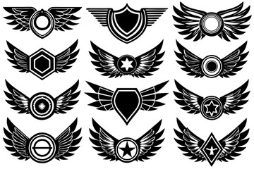Black and white vector wing set for tribal tattoo design, heraldic emblem, or racing sport decoration