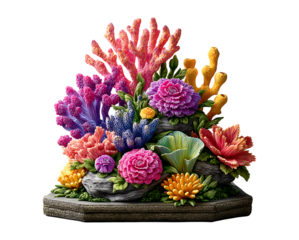sculpture of an underwater coral reef, featuring vibrant colors with rocks on the bottom for depth, isolated against a transparent background.