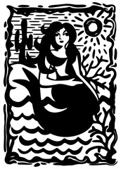 Mermaid sitting near the sea under sun. Brazilian cordel style. Woodcut illustration
