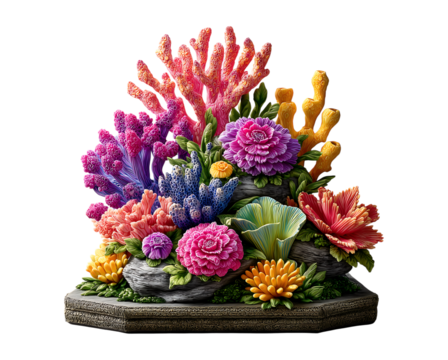 sculpture of an underwater coral reef, featuring vibrant colors with rocks on the bottom for depth, isolated against a transparent background.