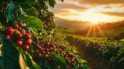 stunning view of a coffee field at sunset, with vibrant coffee cherries illuminated by the last light of the day.