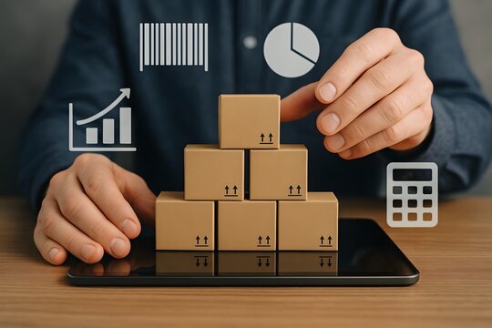 Hands arrange small cardboard cubes in a pyramid on a tablet while analytic icons hover above. Concept of inventory optimization and warehouse efficiency.