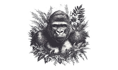 Vintage gorilla sketch, old engraving style, jungle animal line art, monochrome wildlife drawing, retro safari etching, rustic nature print, wildlife lovers art, classic fauna