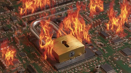 Brennender Mikrochip mit Schloss