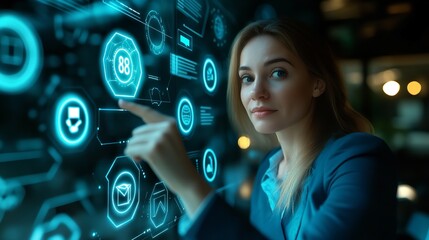 A modern woman navigating complex data with glowing futuristic interface using a sharp depth of