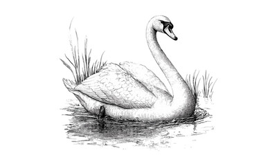 Vintage Swan Engraving, Hand-drawn Bird Line Art, Rustic Wildlife Etching, Elegant Fauna Illustration, Old Style Nature Drawing, Black Sketch, Classic Animal Print, Retro