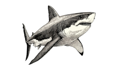 Obraz premium Marine predator vintage engraving, Great White Shark hand-drawn sketch, monochrome etching style, ocean animal art, black ink illustration, old style print, wildlife ocean decor,