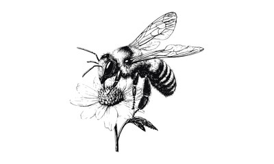 Hand-drawn honeybee on flower, vintage fauna engraving, monochrome insect line art, detailed nature etching, rustic wildlife print, retro garden illustration, black sketch, fine art