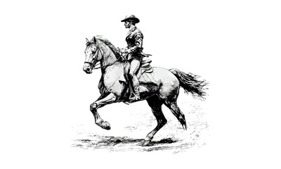 Fototapeta premium Horse and Rider Engraving, Vintage Equestrian Illustration, Monochrome Sketch, Rustic Farm Decor, Old Style Etching, Country Wall Art, Trendy Rural Artwork, Black and White Drawing