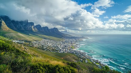 stunning view of the coastal city of Cape Town, with the dramatic backdrop of mountain slopes, urban buildings, and the sparkling ocean under a cloudy sky.