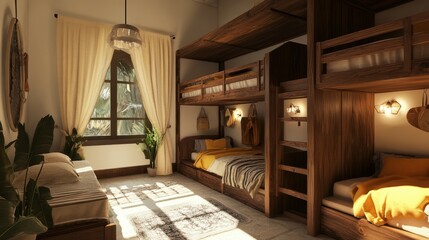 Inviting hostel room with wooden bunk beds, soft warm lighting, and comforting colors, creating a cozy atmosphere perfect for families and friends to relax together.