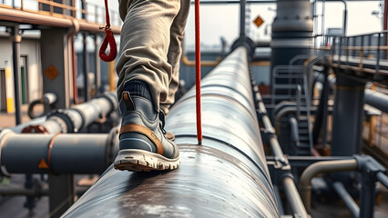 Industrial worker confidently traverses a pipeline at a refinery facility
