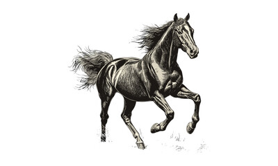 Hand-drawn horse engraving, vintage animal etching, rustic wildlife sketch, flowing mane line art, monochrome farm fauna illustration, black and white, old engraving style, classic nature drawing