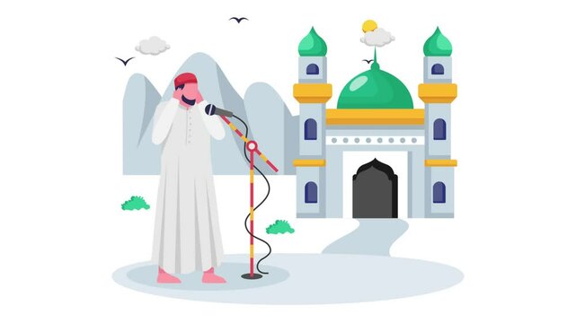 Muezzin calling Arabic prayer recite animation, Person giving Eid Salah Loudspeakers in mosque animated video,Eid al-Adha Clip, Eid-al-Kabir Hajj footage, Traditional Muslim Festival motion graphics