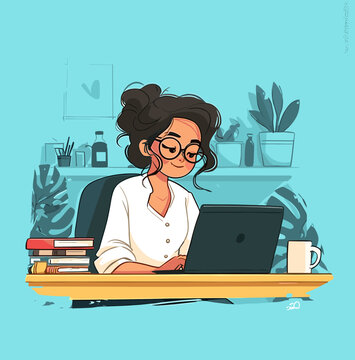 Woman Working at Home: A cheerful cartoon woman, sitting at a desk, engrossed in work with a laptop, surrounded by books and plants in a clean, comfortable, and stylish home office setting.