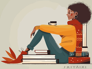 Literary Leisure: An artistic portrayal of a woman engrossed in a book, accompanied by coffee. The illustration evokes a sense of calm and intellectual pursuit, perfect for a relaxing moment.