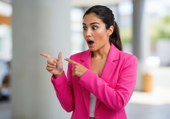 Surprised woman in pink blazer pointing to 