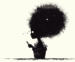 Silhouette Dreamer: A captivating silhouette of a figure immersed in thoughts, her floral hair like a constellation. A symbol of introspection and growth.