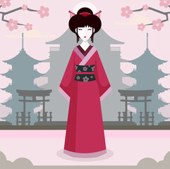Vector cartoon image. The geisha in the square. Flat graphics, a historical Japanese character.
