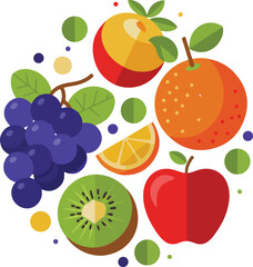 Colorful Fresh Fruit Vector Set. Apple, Orange, Kiwi, Grapes, Peach, Citrus Slice. Flat Design Healthy Food Illustration for Packaging, Poster, and Menu Design