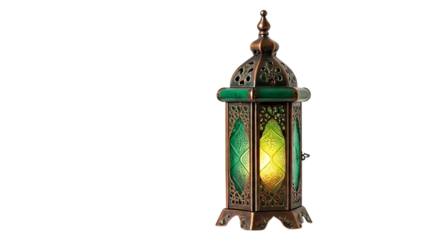 An elegant green and bronze Ramadan lantern glowing warmly, a symbol of hope and celebration during the holy month, with intricate metalwork details.