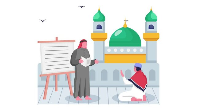 Islamic teaching learning in front of mosque animation religious study session Quranic class animated video, Eid al-Adha Clip Eid-al-Kabir Hajj footage Traditional Arab Muslim Festival motion graphics