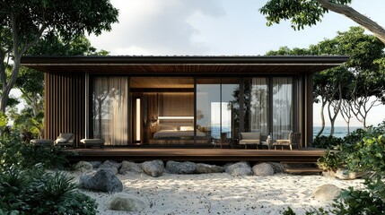 stylish and elegant bungalow with large glass windows, a private deck, and views of the surrounding beach, ideal for a relaxing seaside retreat.
