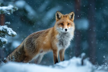 Obraz premium Red fox in snowy winter forest