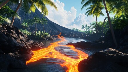 Flowing Lava on Black Volcanic Rock in a Tropical Landscape