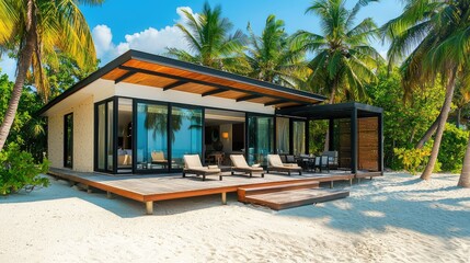 stylish and elegant bungalow with large glass windows, a private deck, and views of the surrounding beach, ideal for a relaxing seaside retreat.