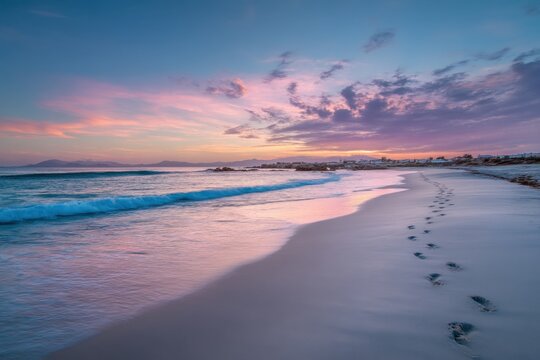 Beach sunset with footprints in the sand