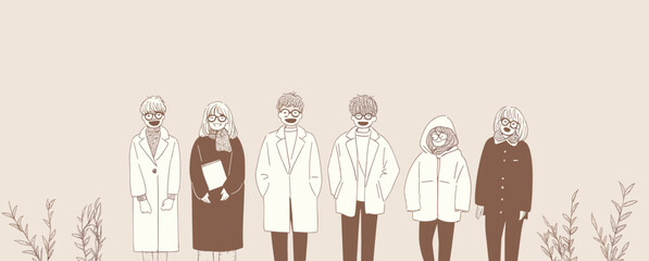 Ensemble of Professionals: A collection of diverse professionals united in a line, representing collaboration, expertise, and solidarity, ideal for illustrating concepts like unity, teamwork.