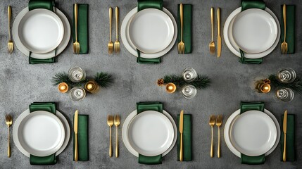 Stylish and festive holiday table featuring white plates, golden utensils, and green napkins arranged on a minimalist concrete table.