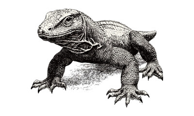 Hand-drawn Komodo Dragon engraving, vintage monochrome etching, black sketch reptile illustration, trendy wildlife art print, nature decor, exotic animal drawing, detailed linework