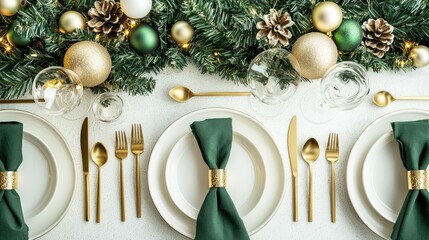Stylish and festive holiday table featuring white plates, golden utensils, and green napkins arranged on a minimalist concrete table.