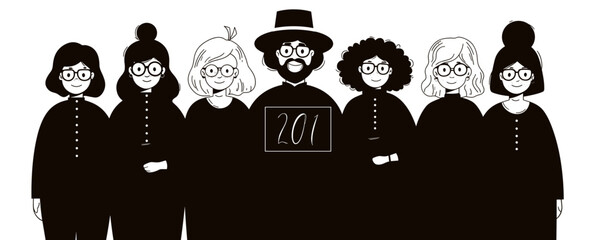 Black-Clothed Figures in Line: a monochrome portrait of a diverse group of people, dressed in dark attire, stand in an organized arrangement. The composition may signify a collective idea or theme.