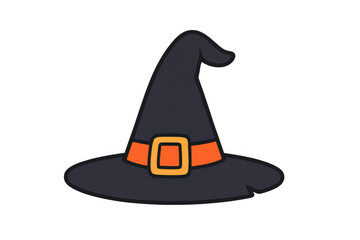 Cartoon drawing of witch hat with orange band and golden buckle, perfect for halloween projects on transparent background