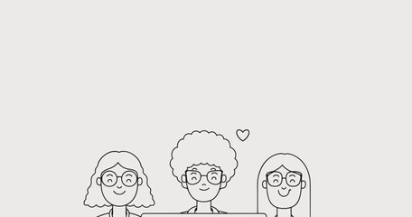 Three Friends: A simple line drawing illustration of three friends with glasses and hearts smiling together in a minimalist style. The illustration emphasizes unity, friendship and togetherness.