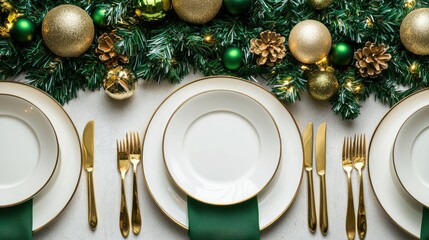 Stylish and festive holiday table featuring white plates, golden utensils, and green napkins arranged on a minimalist concrete table.
