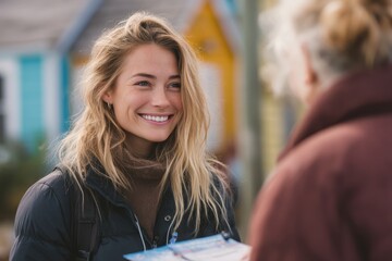 Smiling Woman Talking to Another Person in Front of Colorful Beach Houses, Illustrating Community Engagement and Local Tourism : Generative AI