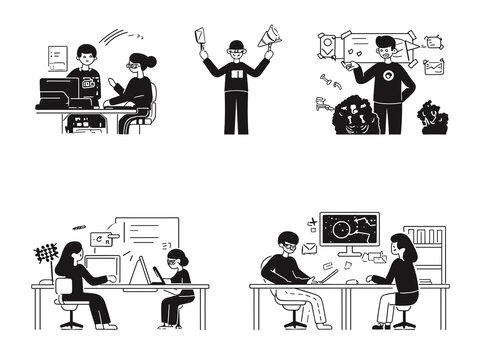 Office Life: A collection of detailed, grayscale illustrations depict various office scenes. Employees are shown collaborating, presenting ideas, working independently at their desks.