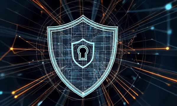A shield with an icon of digital security and network connections, representing data protection in the financial industry. The background is dark blue to convey precision and cyber protectiveness. 