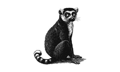 Monochrome Lemur Illustration, Hand-Drawn Vintage Etching, Jungle Mammal Engraving, Exotic Wildlife Art, Trendy Black Sketch Style, old animal artwork for stock graphics © Vintage Studio