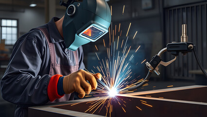 Craftsmanship in Steel: A Welder's Artistry with Protective Gear in Workshop