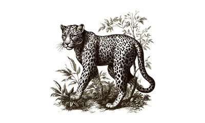 Vintage Leopard Jungle Engraving, Rustic Wildlife Line Art, Monochrome Safari Etching, Retro Animal Illustration, Hand-drawn Wild Cat Sketch, exotic jungle animal artwork,